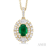 7x5 MM Oval Cut Emerald and 5/8 ctw Baguette & Round Cut Diamond Precious Pendant With Chain in 14K Yellow Gold